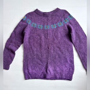 Hand Knit Purple Wool Sweater Floral Embroidery Handmade Knit Pullover